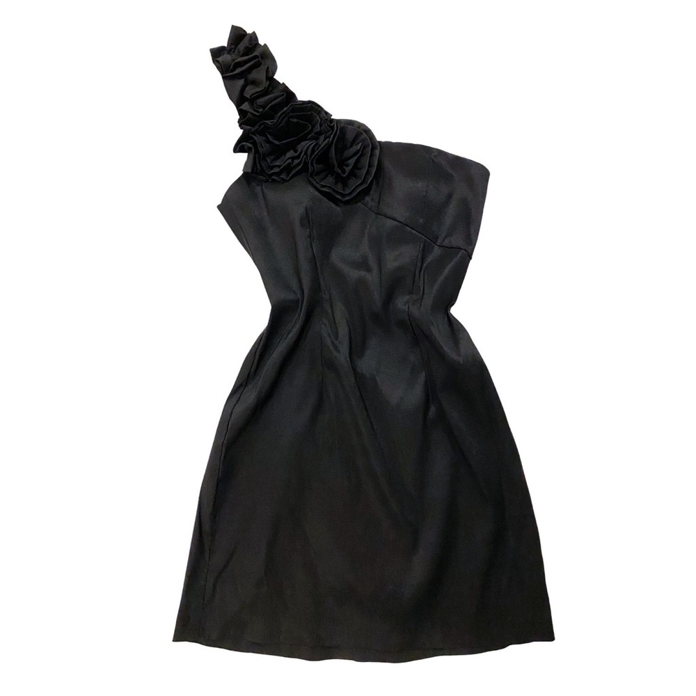Vintage Black One Shoulder Floral Flower Mini Dress Formal Bodycon Small Prom